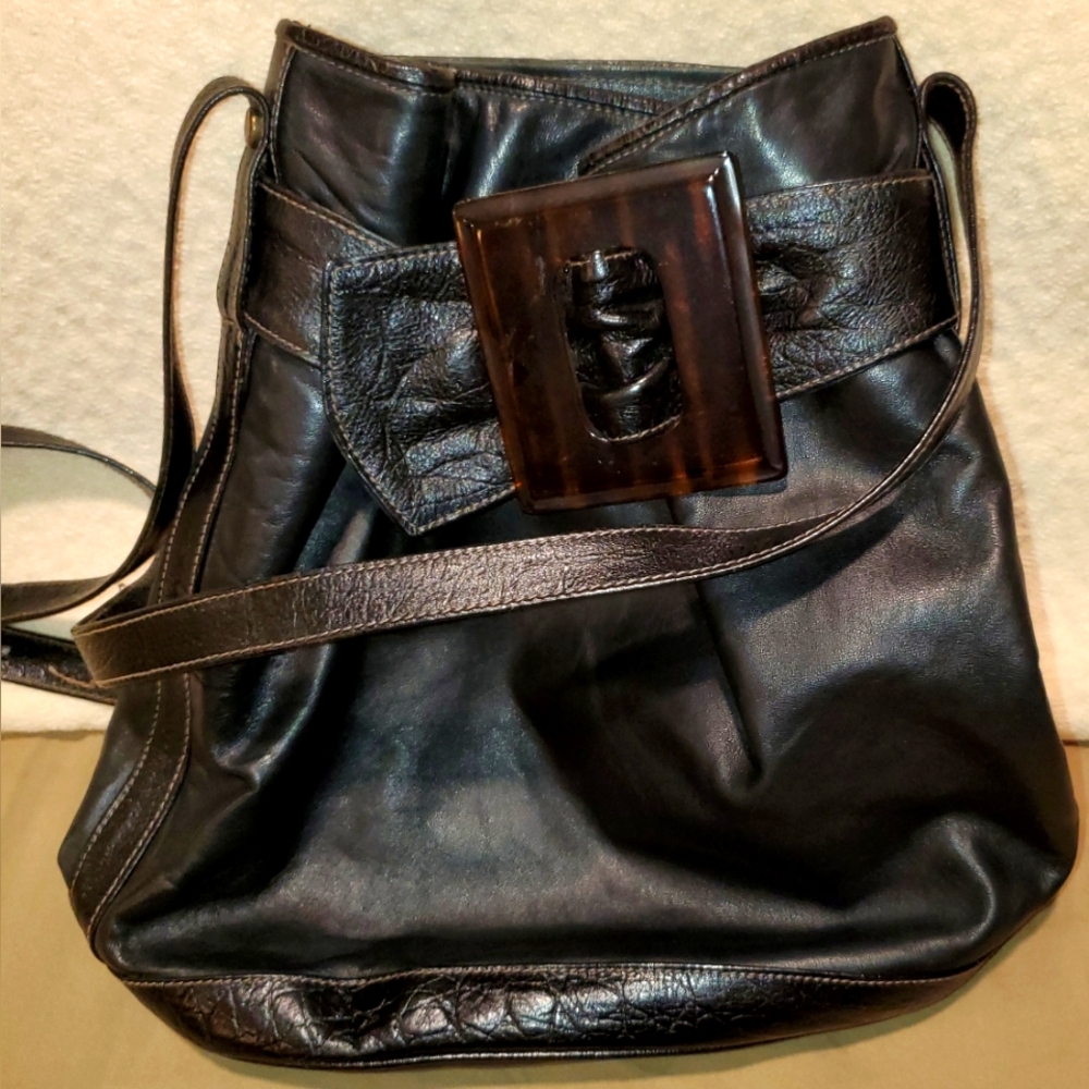 SUSAN GAIL,Black Leather Shoulder Bag with Buckle